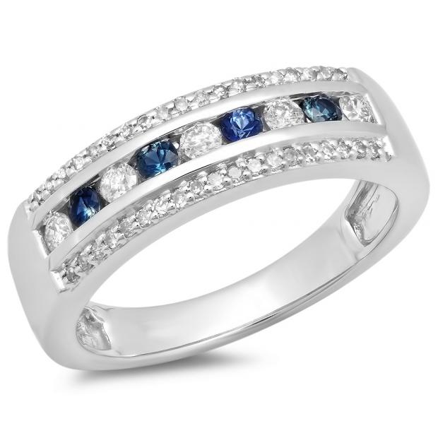 0.50 Carat (ctw) 14K White Gold Round Blue Sapphire & White Diamond Ladies Anniversary Wedding Band 1/2 CT