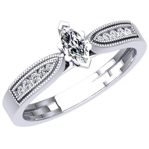 0.30 Carat (ctw) 14K White Gold Marquise & Round Cut Diamond Ladies Bridal Vintage Style Engagement Ring 1/3 CT