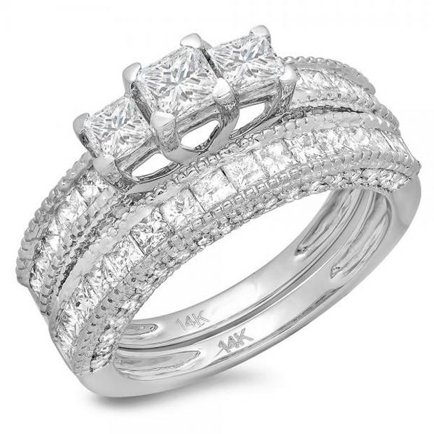 2.30 Carat (ctw) 14K White Gold Princess & Round Cut Diamond Ladies Bridal 3 Stone Engagement Ring With Matching Band Set 2 1/3 CT
