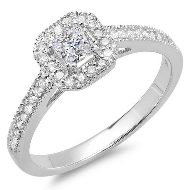 0.50 Carat (ctw) 10K White Gold Princess & Round Diamond Ladies Halo Style Bridal Engagement Ring 1/2 CT