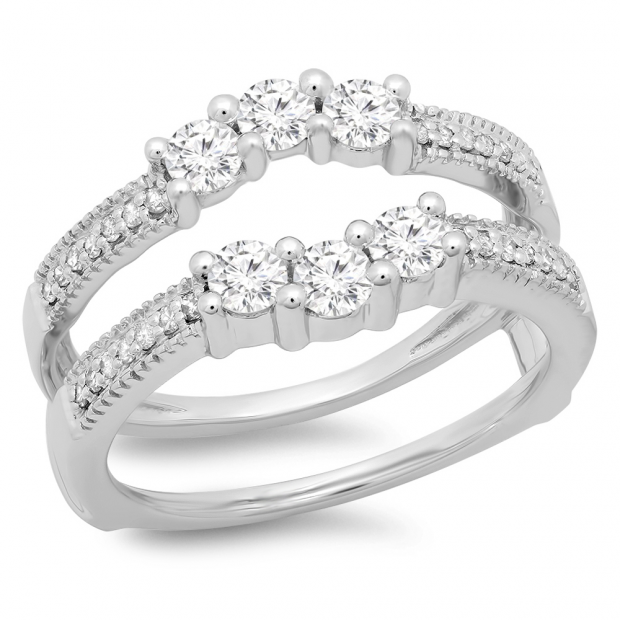 0.80 Carat (ctw) 14K White Gold Round Cut Diamond Ladies Anniversary Wedding Band 3 Stone Enhancer Guard Double Ring 3/4 CT