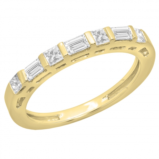 0.60 Carat (ctw) 14K Yellow Gold Princess & Baguette Cut Diamond Ladies Anniversary Wedding Band Stackable Ring