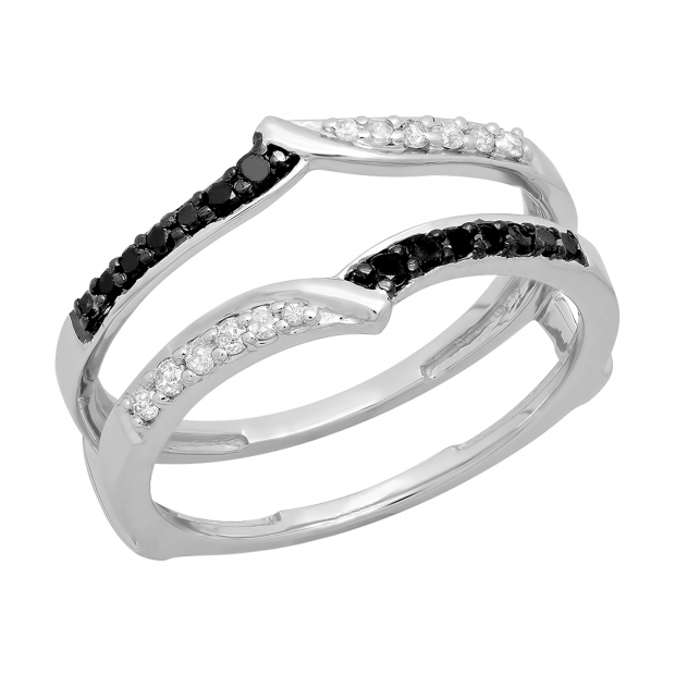 0.33 Carat (ctw) 10K White Gold Round Black & White Diamond Ladies Anniversary Wedding Enhancer Guard Double Ring 1/3 CT