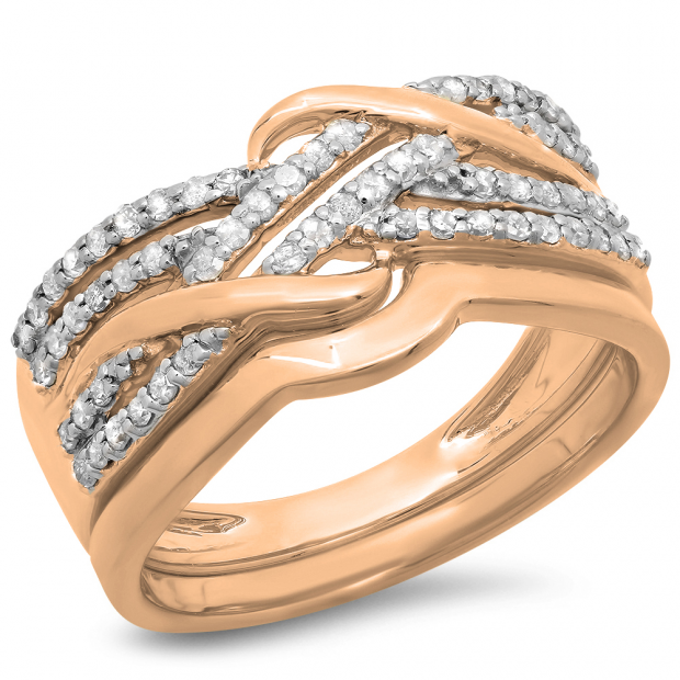 0.35 Carat (ctw) 10K Rose Gold Round White Diamond Ladies Swirl Crossover Bridal Wedding Band With Plain Contour Wedding Band Set 1/3 CT