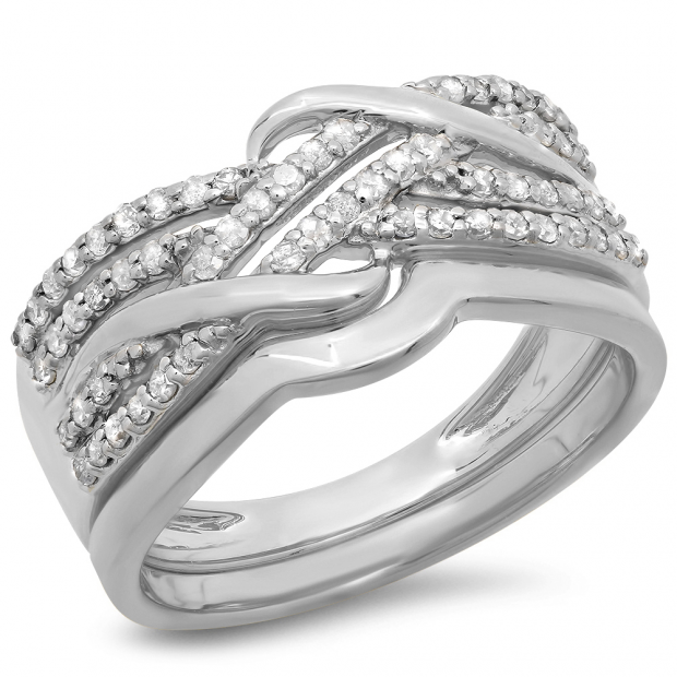 0.35 Carat (ctw) 10K White Gold Round White Diamond Ladies Swirl Crossover Bridal Wedding Band With Plain Contour Wedding Band Set 1/3 CT
