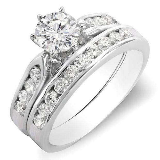 1.00 Carat (ctw) 14k White Gold Round Diamond Ladies Bridal Engagement Ring Set With Matching Band 1 CT