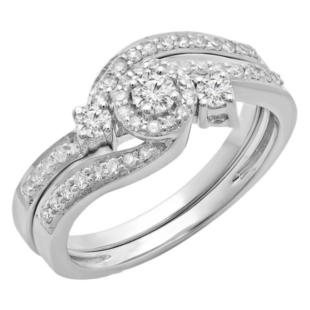 0.65 Carat (ctw) 14K White Gold Round Diamond Ladies Twisted Swirl Bridal Halo Engagement Ring With Matching Band Set