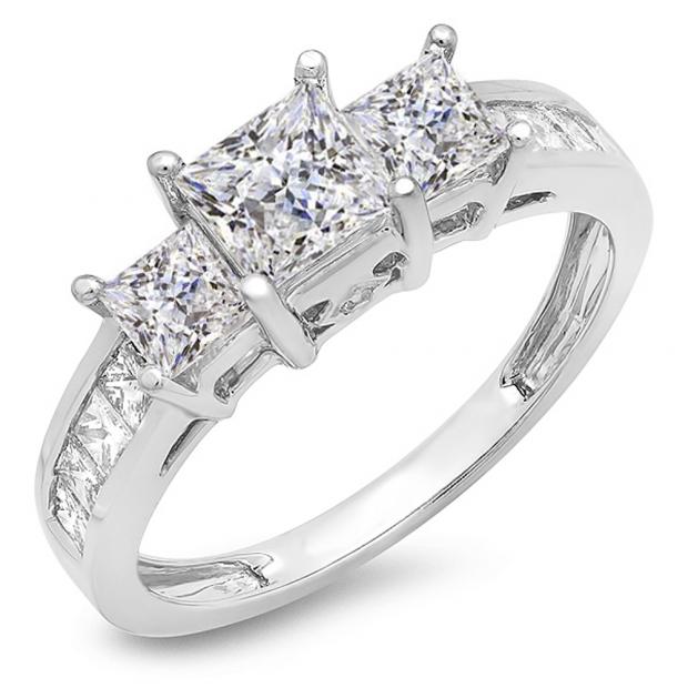 2.00 Carat (ctw) 14k White Gold Princess & Round Diamond Ladies Bridal 3 Stone Engagement Ring 2 CT