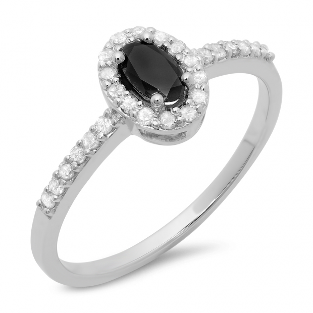 0.50 Carat (ctw) 10K White Gold Oval Cut Black & Round White Diamond Ladies Halo Bridal Engagement Ring 1/2 CT