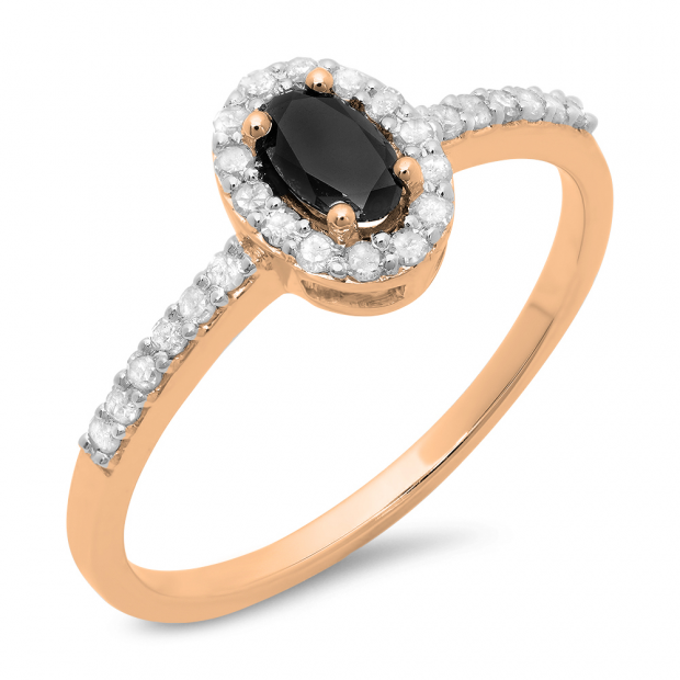 0.50 Carat (ctw) 14K Rose Gold Oval Cut Black & Round White Diamond Ladies Halo Bridal Engagement Ring 1/2 CT