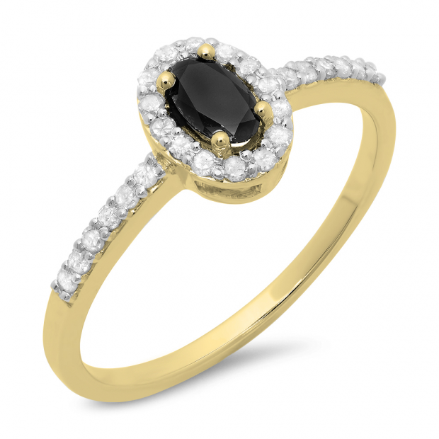 0.50 Carat (ctw) 14K Yellow Gold Oval Cut Black & Round White Diamond Ladies Halo Bridal Engagement Ring 1/2 CT