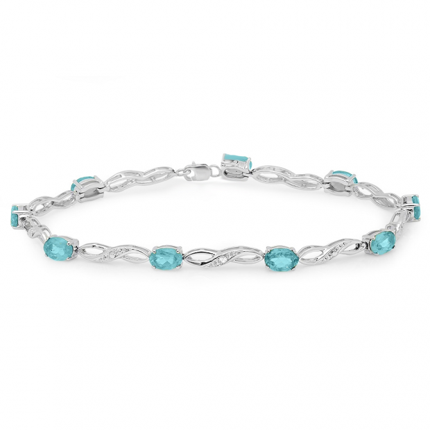 5.16 Carat (ctw) Sterling Silver Real Oval Cut Genuine Blue Topaz & Round White Diamond Ladies Link Bracelet