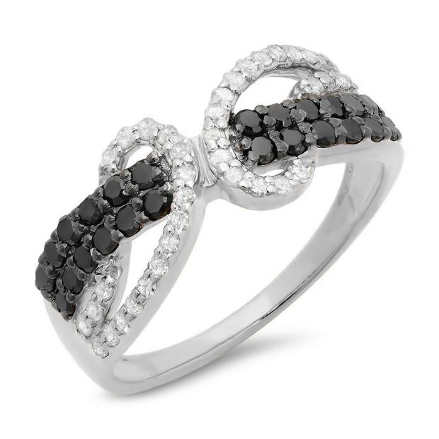 0.90 Carat (ctw) 10K White Gold Round Black & White Diamond Ladies Bypass Cocktail Right Hand Ring