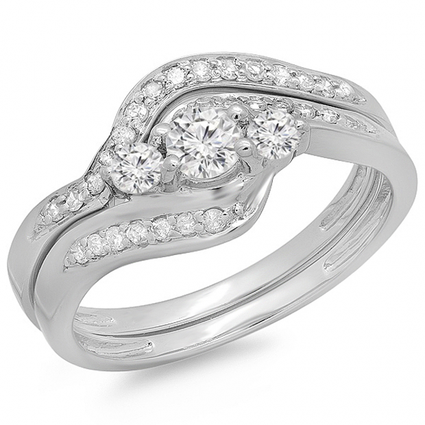 0.60 Carat (ctw) 14K White Gold Real Round Diamond Ladies Swirl Style Bridal 3 Stone Engagement Ring With Matching Band Set