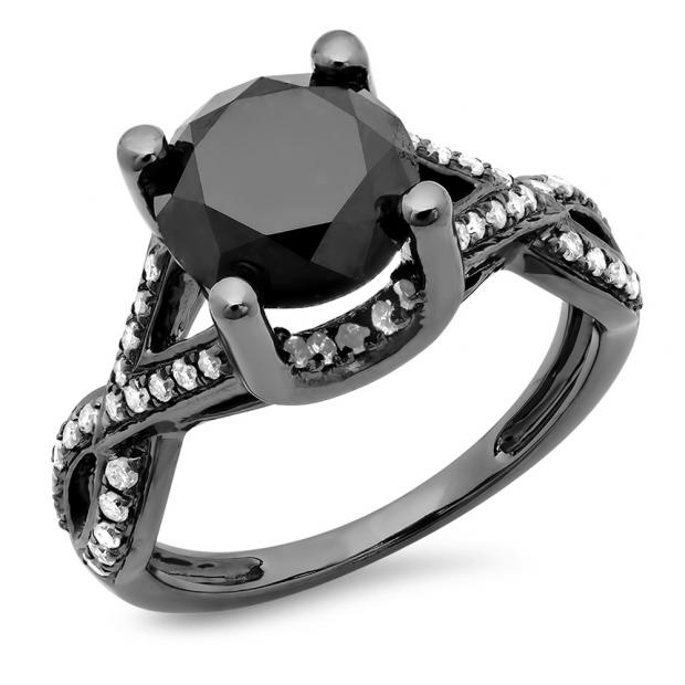 3.75 Carat (ctw) Black Rhodium Plated 10K White Gold Round Black & White Diamond Ladies Vintage Style Swirl Bridal Engagement Ring 3 3/4 CT