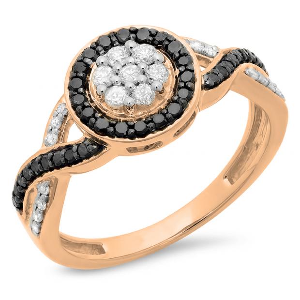 0.55 Carat (ctw) 14K Rose Gold Round White & Black Diamond Ladies Swirl Style Cluster Flower Engagement Ring