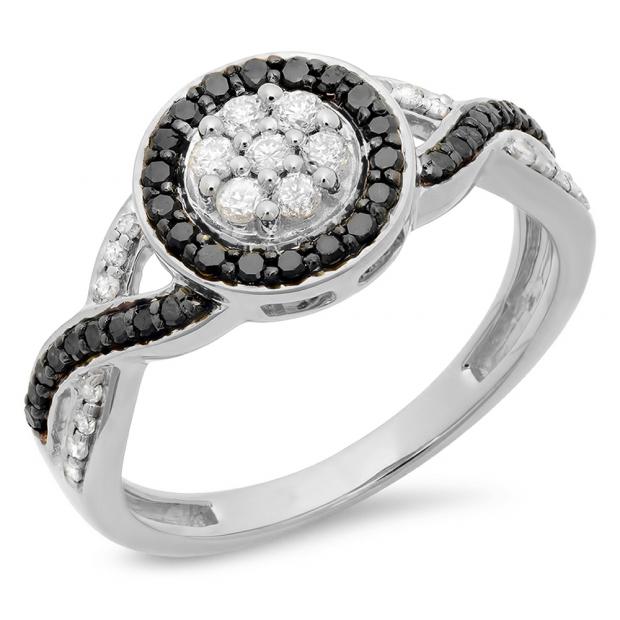 0.55 Carat (ctw) 18K White Gold Round White & Black Diamond Ladies Swirl Style Cluster Flower Engagement Ring