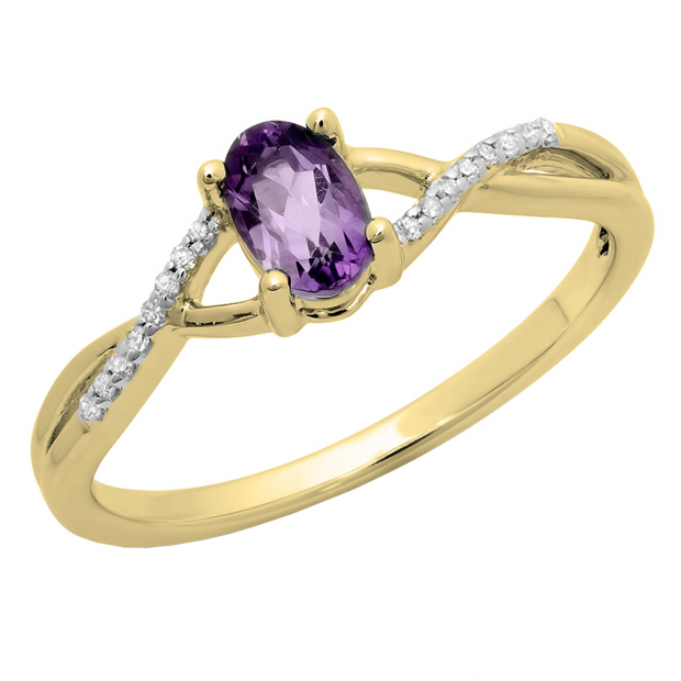 0.50 Carat (ctw) 10K Yellow Gold Oval Cut Amethyst & Round Cut White Diamond Ladies Bridal Swirl Split Shank Engagement Promise Ring 1/2 CT