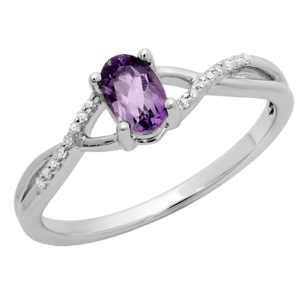 0.50 Carat (ctw) 14K White Gold Oval Cut Amethyst & Round Cut White Diamond Ladies Bridal Swirl Split Shank Engagement Promise Ring 1/2 CT