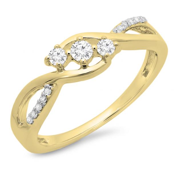 0.25 Carat (ctw) 10K Yellow Gold Round Diamond Ladies 3 Stone Swirl Split Shank Engagement Promise Ring 1/4 CT