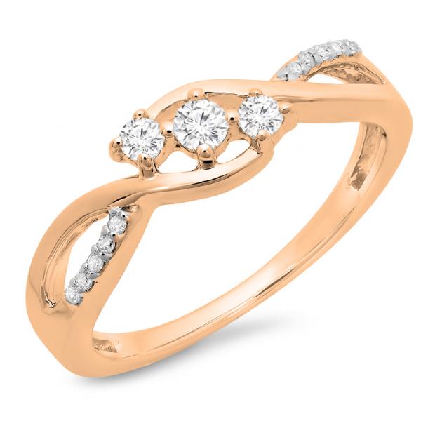 0.25 Carat (ctw) 14K Rose Gold Round Diamond Ladies 3 Stone Swirl Split Shank Engagement Promise Ring 1/4 CT