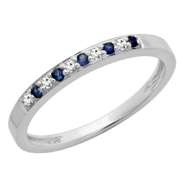 0.15 Carat (ctw) 10K White Gold Round Blue Sapphire & White Diamond Ladies Anniversary Wedding Band Stackable Ring
