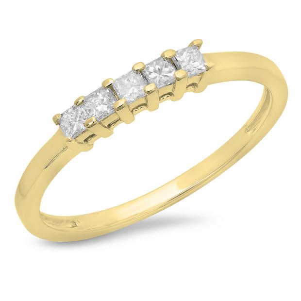 0.25 Carat (ctw) 18K Yellow Gold Princess Cut White Diamond Ladies 5 Stone Bridal Wedding Band Anniversary Ring 1/4 CT