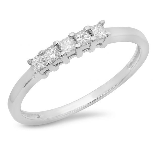 IGI CERTIFIED 0.25 Carat (ctw) 14K White Gold Princess Cut White Diamond Ladies 5 Stone Bridal Wedding Stackable Anniversary Band 1/4 CT