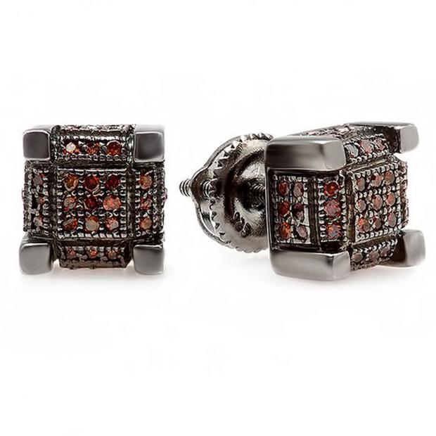 0.25 Carat (ctw) Black Rhodium Plated Sterling Silver Real Round Red Diamond Iced Mens Hip Hop Cube Dice Shape Stud Earrings 1/4 CT