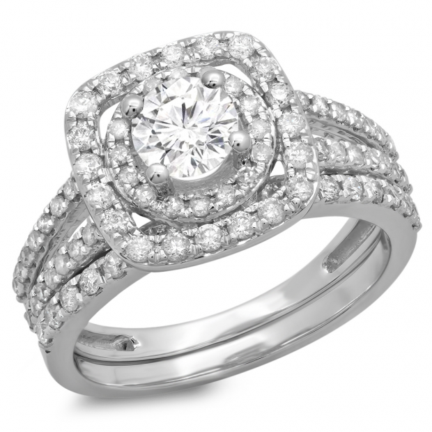 1.30 Carat (ctw) 18K White Gold Round Cut Diamond Ladies Bridal Split Shank Halo Engagement Ring With Matching Band Set