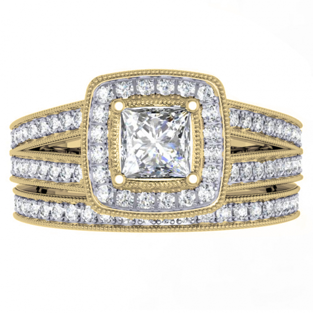 1.00 Carat (ctw) 10K Yellow Gold Princess & Round Cut Diamond Ladies Split Shank Halo Bridal Engagement Ring With Matching Band Set 1 CT