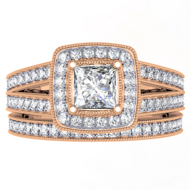 1.00 Carat (ctw) 18K Rose Gold Princess & Round Cut Diamond Ladies Split Shank Halo Bridal Engagement Ring With Matching Band Set 1 CT