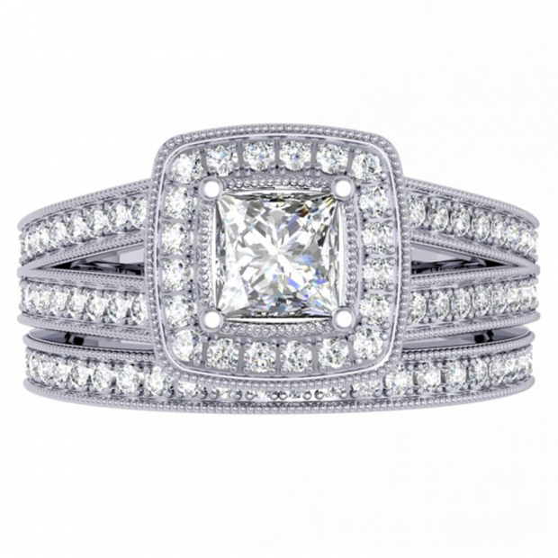 1.00 Carat (ctw) 18K White Gold Princess & Round Cut Diamond Ladies Split Shank Halo Bridal Engagement Ring With Matching Band Set 1 CT