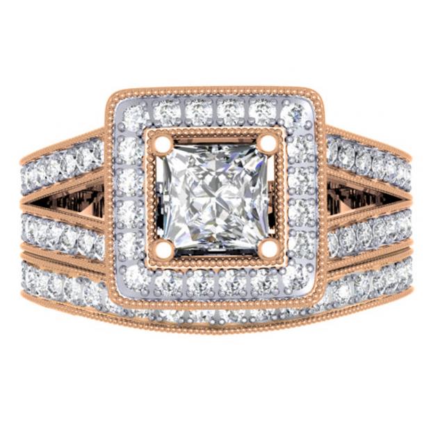 1.50 Carat (ctw) 10K Rose Gold Princess & Round Cut Diamond Ladies Split Shank Halo Bridal Engagement Ring With Matching Band Set 1 1/2 CT