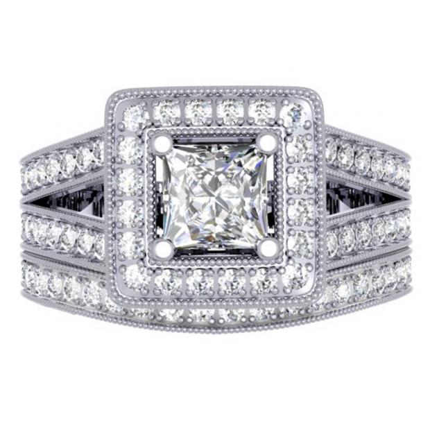 1.50 Carat (ctw) 10K White Gold Princess & Round Cut Diamond Ladies Split Shank Halo Bridal Engagement Ring With Matching Band Set 1 1/2 CT
