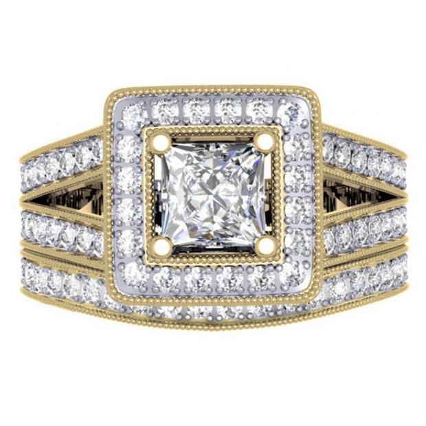 1.50 Carat (ctw) 10K Yellow Gold Princess & Round Cut Diamond Ladies Split Shank Halo Bridal Engagement Ring With Matching Band Set 1 1/2 CT