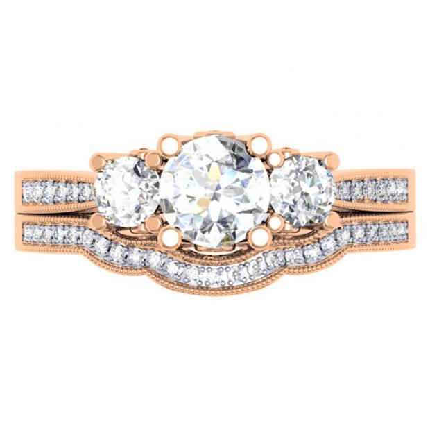 1.00 Carat (ctw) 14K Rose Gold Round Diamond Ladies Vintage 3 Stone Bridal Engagement Ring Set 1 CT