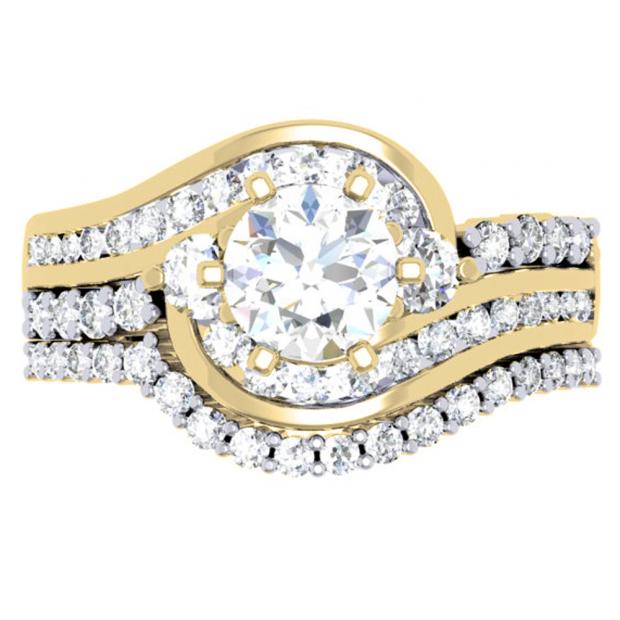 1.50 Carat (ctw) 10K Yellow Gold Round Diamond 3 Stone Ladies Bridal Twisted Engagement Ring With Matching Band Set 1 1/2 CT