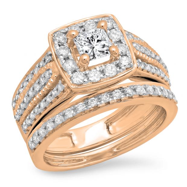 1.25 Carat (ctw) 14K Rose Gold Princess & Round Cut Diamond Ladies Halo Style Bridal Engagement Ring With Matching Band Set 1 1/4 CT