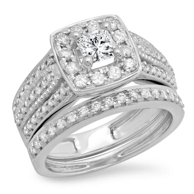 1.25 Carat (ctw) 18K White Gold Princess & Round Cut Diamond Ladies Halo Style Bridal Engagement Ring With Matching Band Set 1 1/4 CT