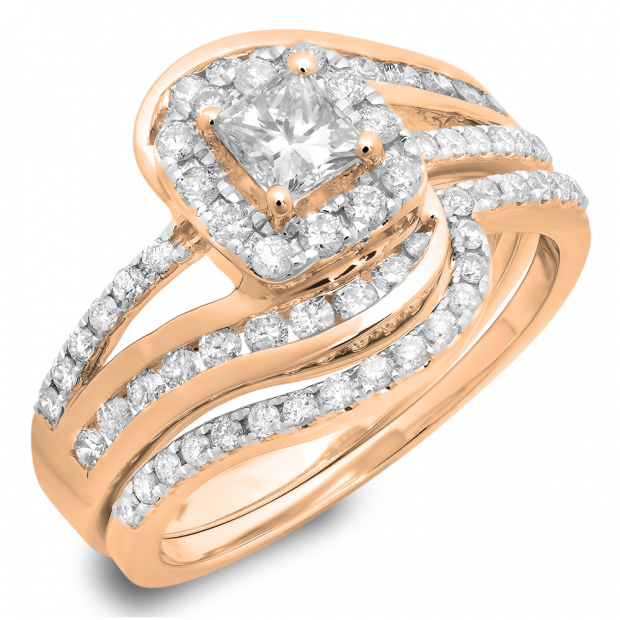 1.50 Carat (ctw) 10K Rose Gold Princess & Round Cut Diamond Ladies Split Shank Twisted Halo Bridal Engagement Ring With Matching Band Set 1 1/2 CT