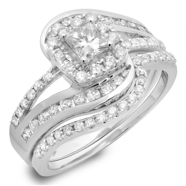 1.50 Carat (ctw) 10K White Gold Princess & Round Cut Diamond Ladies Split Shank Twisted Halo Bridal Engagement Ring With Matching Band Set 1 1/2 CT