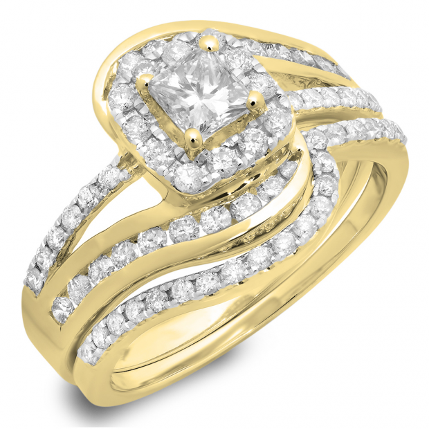 1.50 Carat (ctw) 14K Yellow Gold Princess & Round Cut Diamond Ladies Split Shank Twisted Halo Bridal Engagement Ring With Matching Band Set 1 1/2 CT