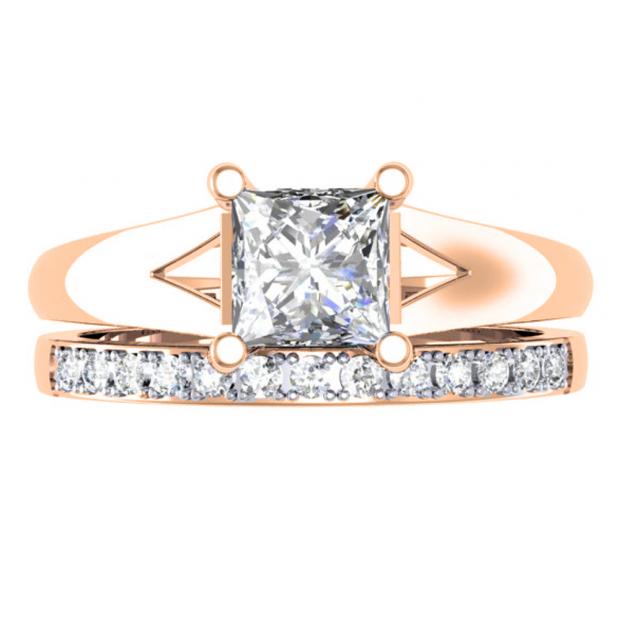 1.00 Carat (ctw) 14K Rose Gold Princess & Round Cut Diamond Ladies Bridal Solitaire Engagement Ring With Matching Band Set 1 CT