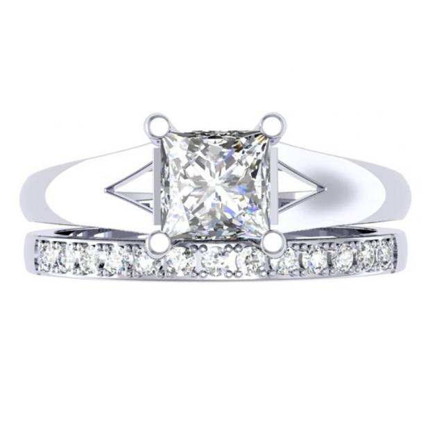 1.00 Carat (ctw) 18K White Gold Princess & Round Cut Diamond Ladies Bridal Solitaire Engagement Ring With Matching Band Set 1 CT