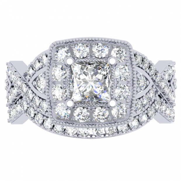 1.40 Carat (ctw) 14K White Gold Princess & Round Diamond Twisted Swirl Ladies Bridal Halo Engagement Ring Set