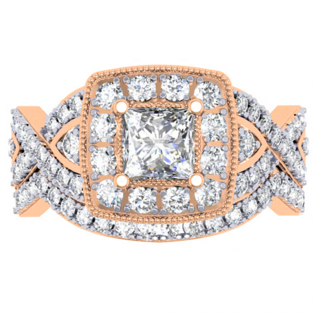 1.40 Carat (ctw) 18K Rose Gold Princess & Round Diamond Twisted Swirl Ladies Bridal Halo Engagement Ring Set