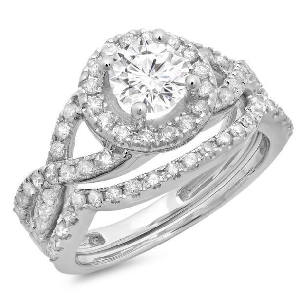 1.30 Carat (ctw) 10K White Gold Round Cut Diamond Ladies Bridal Swirl Split Shank Halo Engagement Ring With Matching Band Set 1 1/3 CT