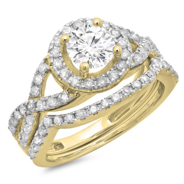 1.30 Carat (ctw) 10K Yellow Gold Round Cut Diamond Ladies Bridal Swirl Split Shank Halo Engagement Ring With Matching Band Set 1 1/3 CT