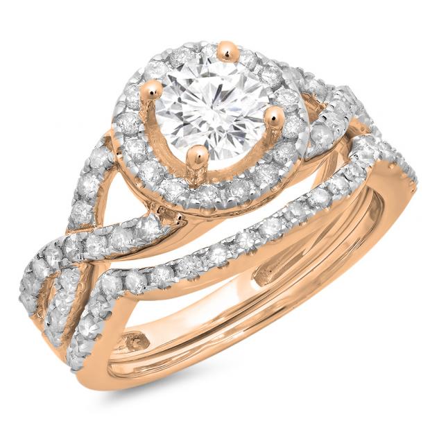 1.30 Carat (ctw) 18K Rose Gold Round Cut Diamond Ladies Bridal Swirl Split Shank Halo Engagement Ring With Matching Band Set 1 1/3 CT